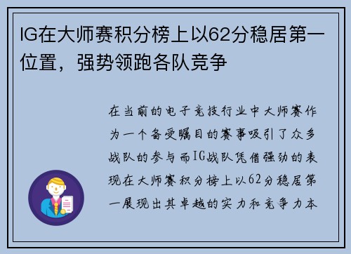 IG在大师赛积分榜上以62分稳居第一位置，强势领跑各队竞争
